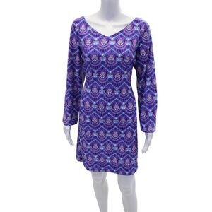 Gingy Womens Geometric Long Sleeve V-Neck Knee Length Dress Purple Size XL